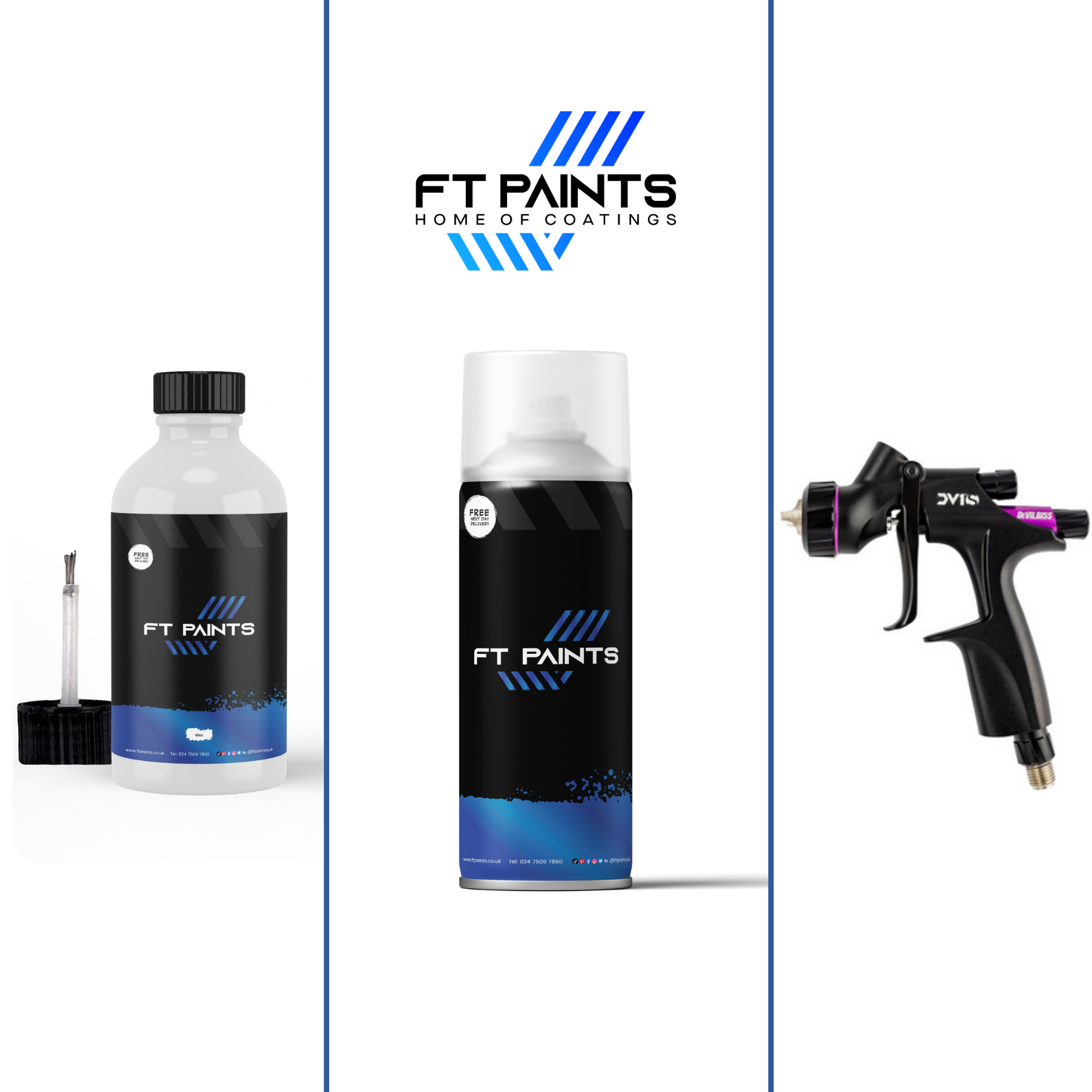 FT Paints touch-up bottle, aerosol can and spray gun side by side
