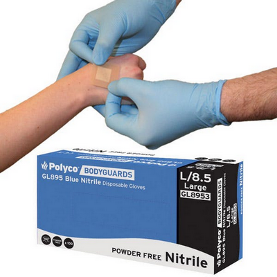Polyco Bodyguard Nitrile Gloves Blue Powder Free AQL 4.0 Large (Box of 100)