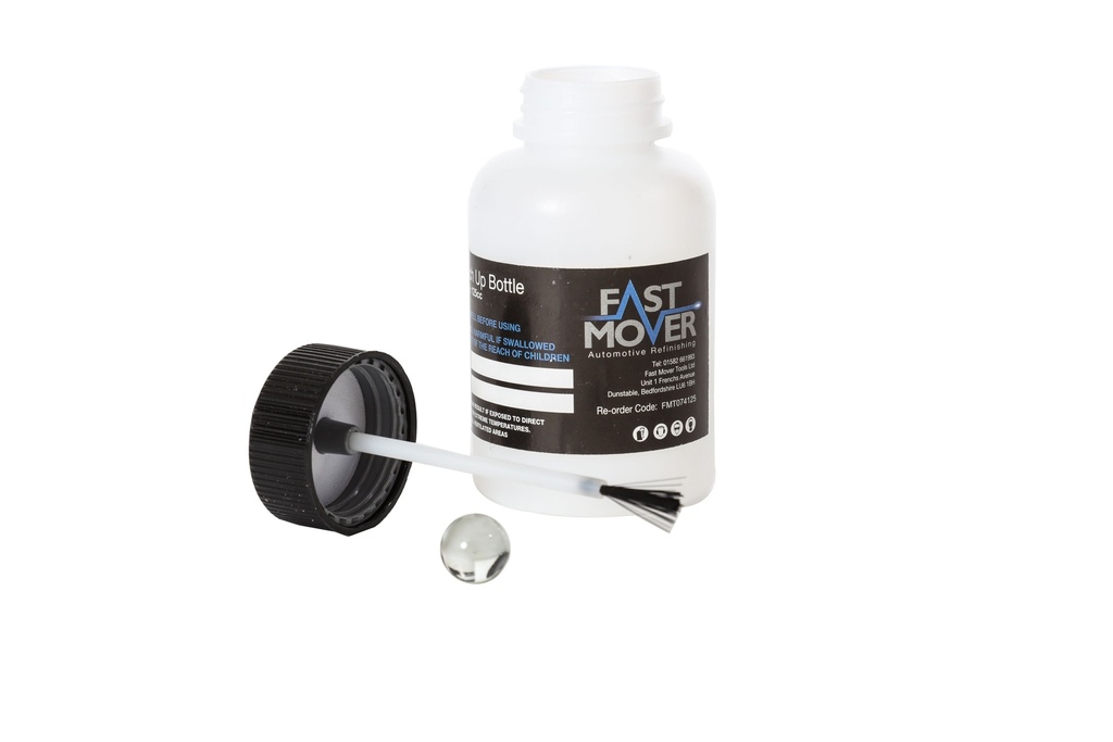 Fast Mover Touch up paint bottle. 125ml capacity with inbuilt brush & agitating marble. Secure fitted lid. 200 bottles per case. .