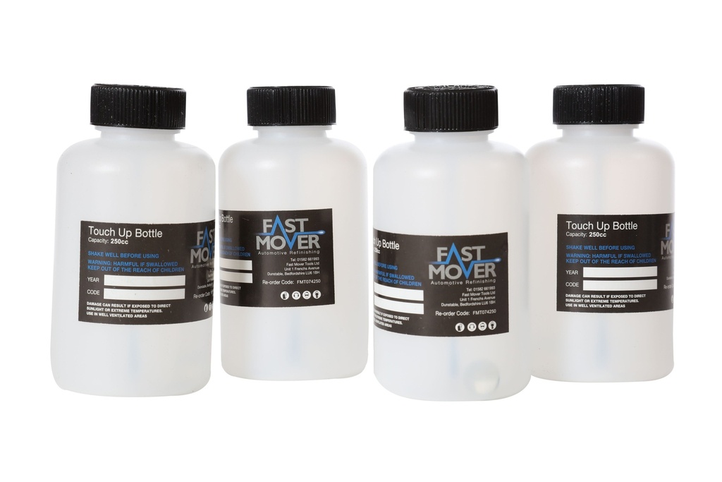 Fast Mover Touch up paint bottle. 500ml capacity with inbuilt brush & agitating marble. Secure fitted lid. 200 bottles per case.