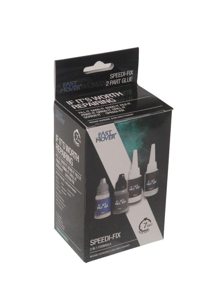 Fast Mover Speedi-Fix 2 part glue for plastic, wood & metal bonding. 2 x powders, (light & grey ) & 2 x activators