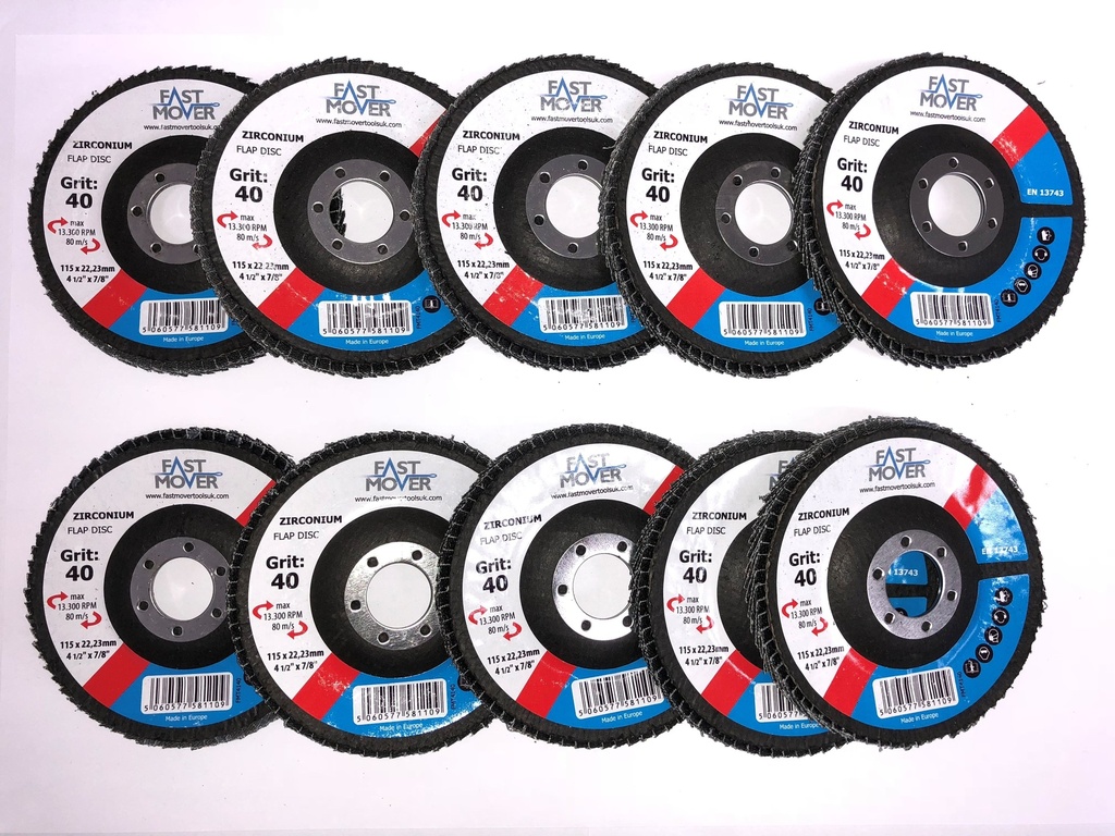 Fast Mover Zirconium flap disc. 115mm. 40 grit. 10 discs per pac