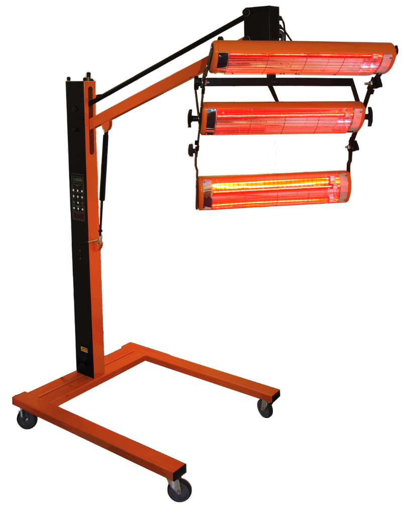 Fast Mover Infrared paint dryer on rotating stand and digital timer and fitted with 3 cassettes. 240volt 3000watt