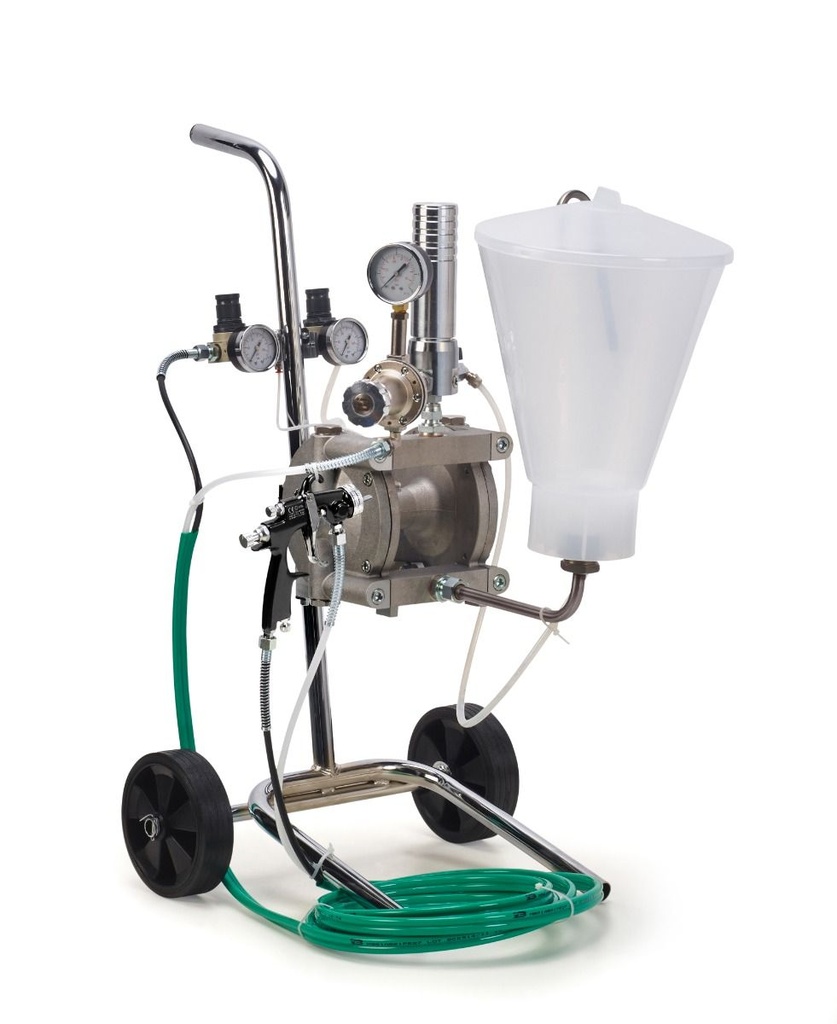 Fast Mover Double diaphragm pump with gravity paint hopper. Supplied with gun & hoses.