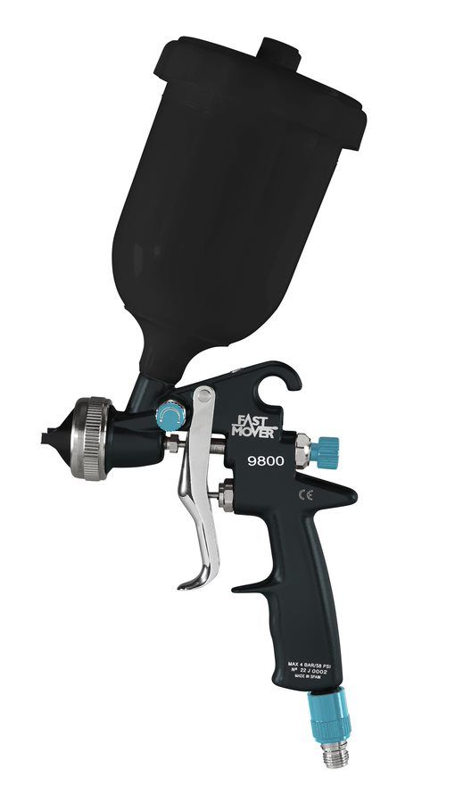 Fast Mover HVLP gravity feed spray gun with black 600ml paint pot for UV curing paint spraying. 1.3mm aircap