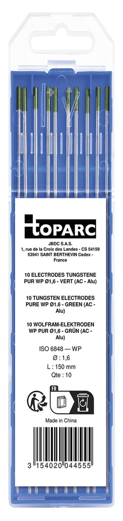 GYS 10 ELECTRODES - PURE TUNGSTEN Ø1.6 - GREEN (AC - ALUMINIUM)