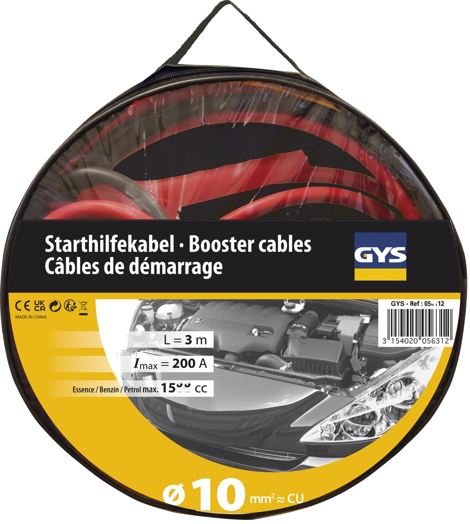 GYS JUMP LEADS PRO 200A (1.5L) - INSULATED CLAMPS - Ø10mm² - 2 x 2.8m