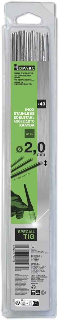 GYS TIG FILLER RODS (x40) - STAINLESS STEEL (316L) Ø2.0 - 330mm 