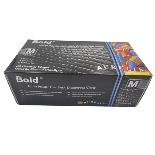 Aurelia  Bold Black Nitrile Gloves Powder Free Medium  (5mil Thick) (Pkt 100)