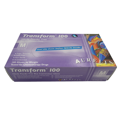 Aurelia Transform blue 100 Nitrile Gloves Powder Free Medium (Pkt 100)