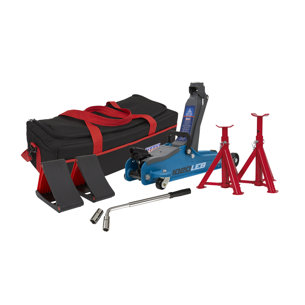 Sealey Low Entry Short Chassis Trolley Jack & Accessories Bag Combo, 2 Tonne - Blue