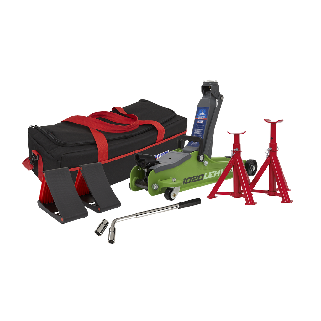 Sealey Low Entry Short Chassis Trolley Jack & Accessories Bag Combo, 2 Tonne - Green