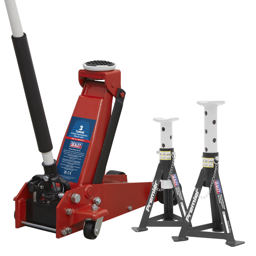Sealey Trolley Jack 3 Tonne & Axle Stands (Pair) 3 Tonne per Stand Combo