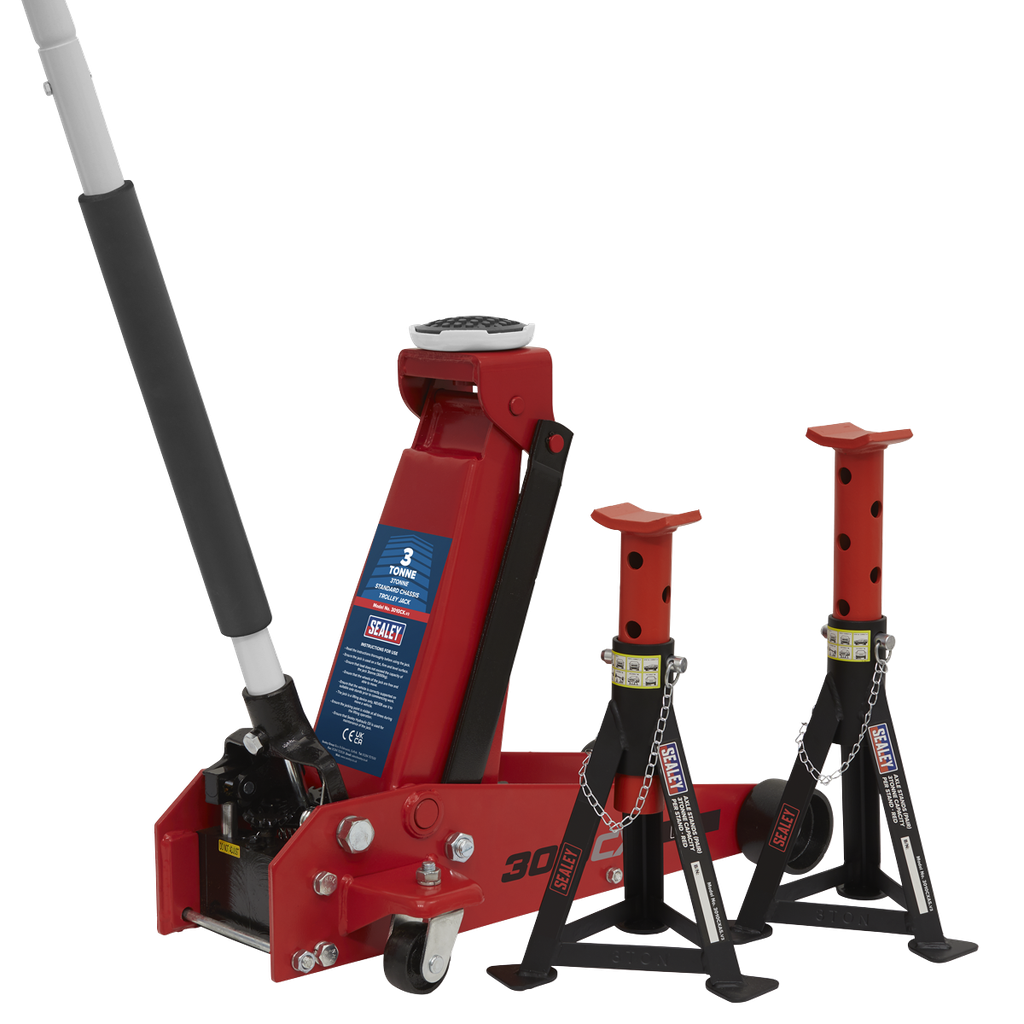 Sealey Standard Chassis Trolley Jack 3 Tonne with Axle Stands (Pair) 3 Tonne Capacity per Stand