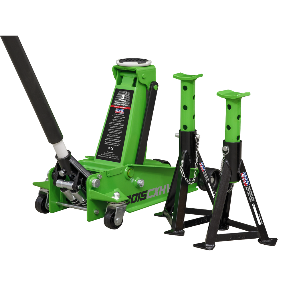 Sealey Trolley Jack with Super Rocket Lift 3 Tonne & Axle Stands (Pair) 3 Tonne Capacity per Stand - Green