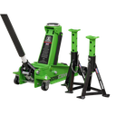 Trolley Jack with Super Rocket Lift 3 Tonne & Axle Stands (Pair) 3 Tonne Capacity per Stand - Green