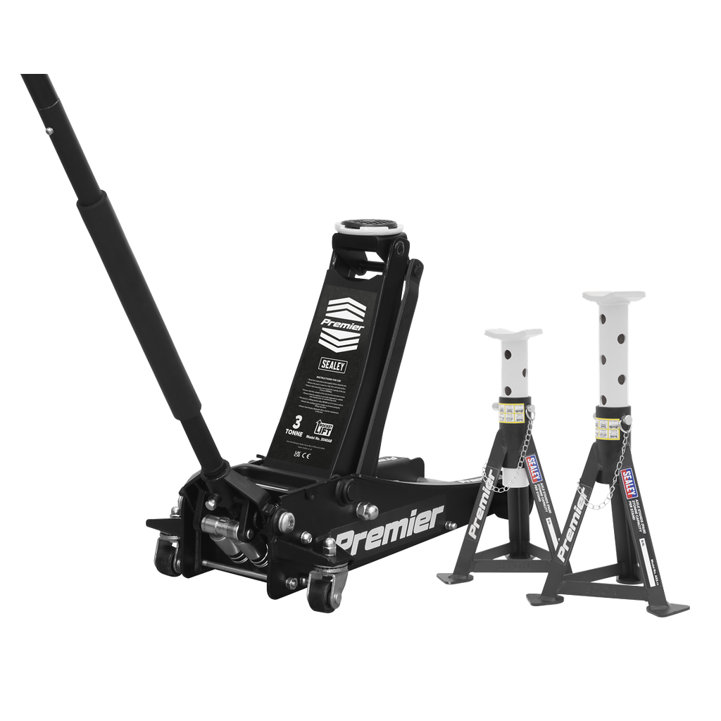 Sealey Premier Trolley Jack 3 Tonne & Axle Stands (Pair) 3 Tonne per Stand Combo
