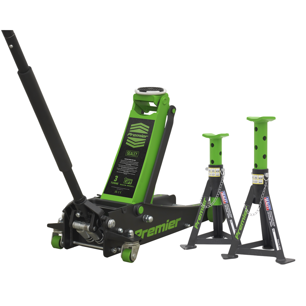 Sealey Premier Trolley Jack 3 Tonne & Axle Stands (Pair) 3 Tonne per Stand Combo