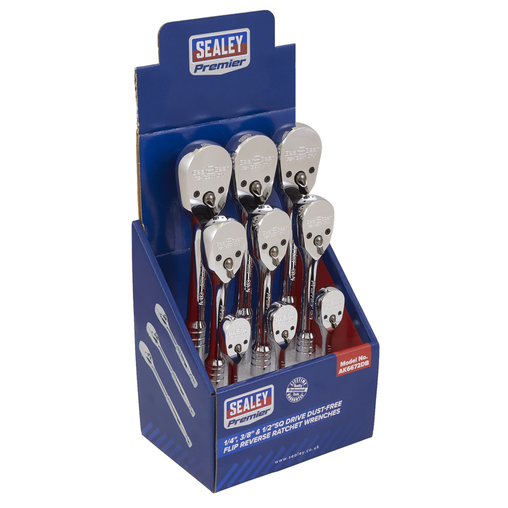 Sealey Premier Pear-Head Ratchet Wrenches with Flip Reverse 1/4", 3/8" & 1/2"Sq Drive - Display Box of 9