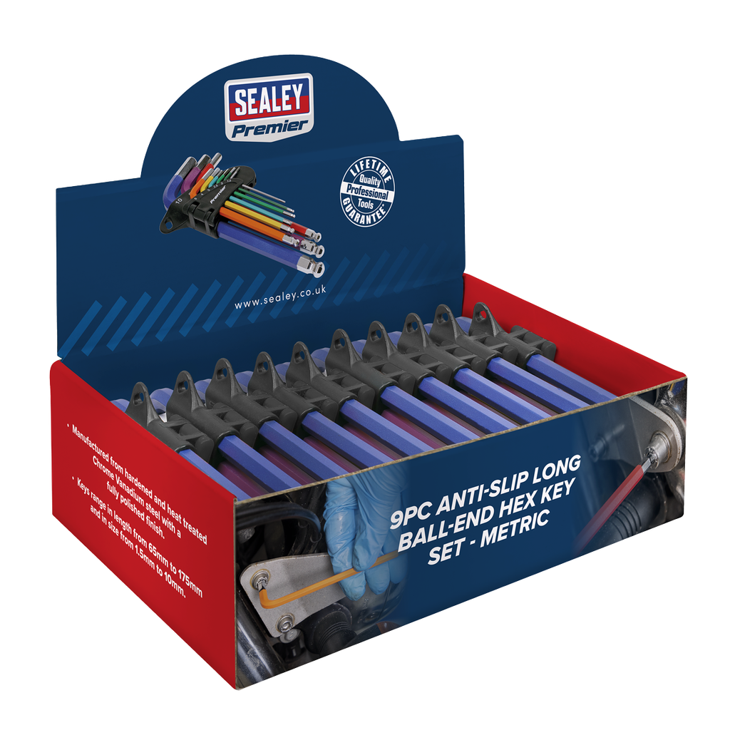Premier Long Colour-Coded Ball-End Hex Key Set 9pc - Display Box of 10