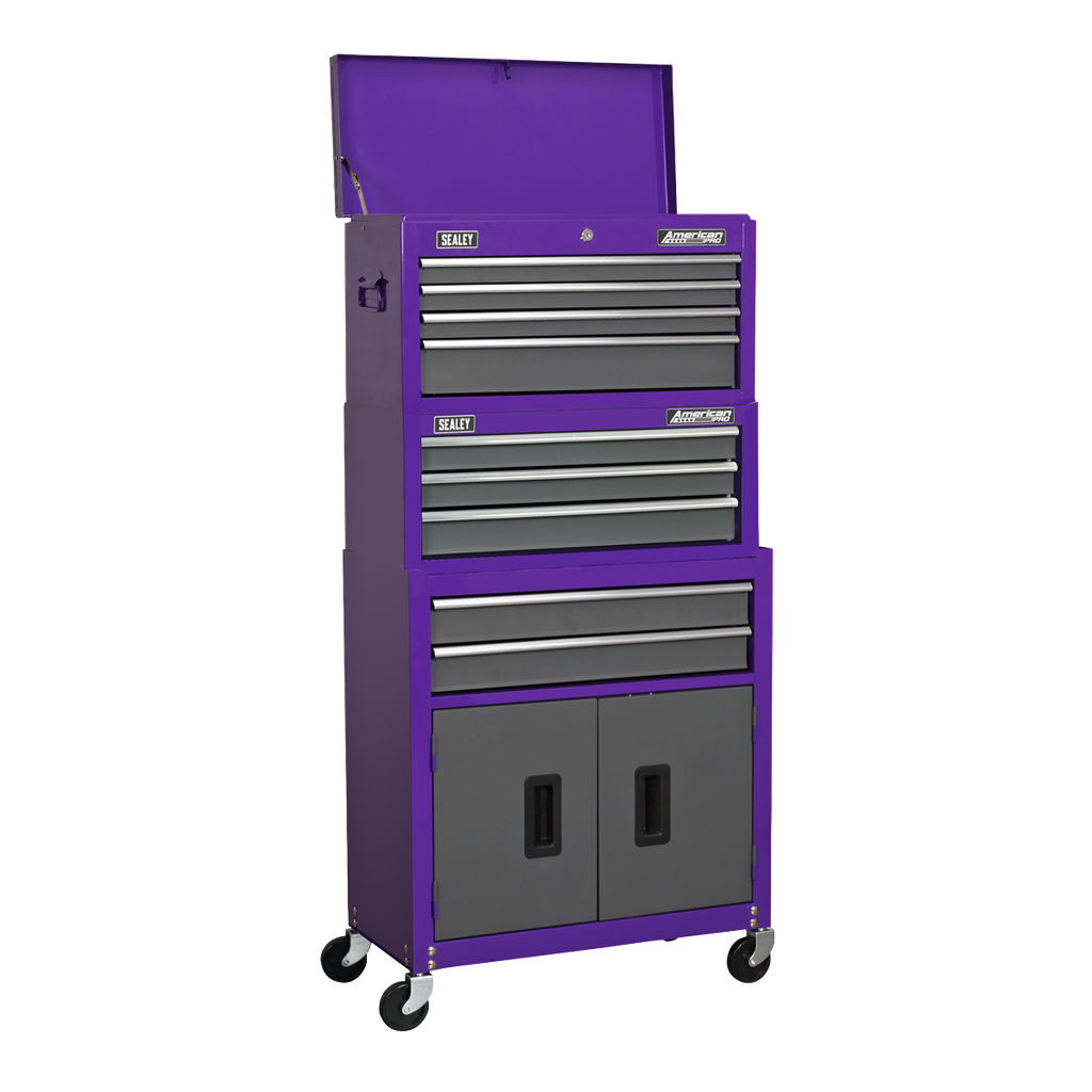 American PRO® Topchest, Mid-Box Tool Chest & Rollcab Stack 9 Drawer - Purple