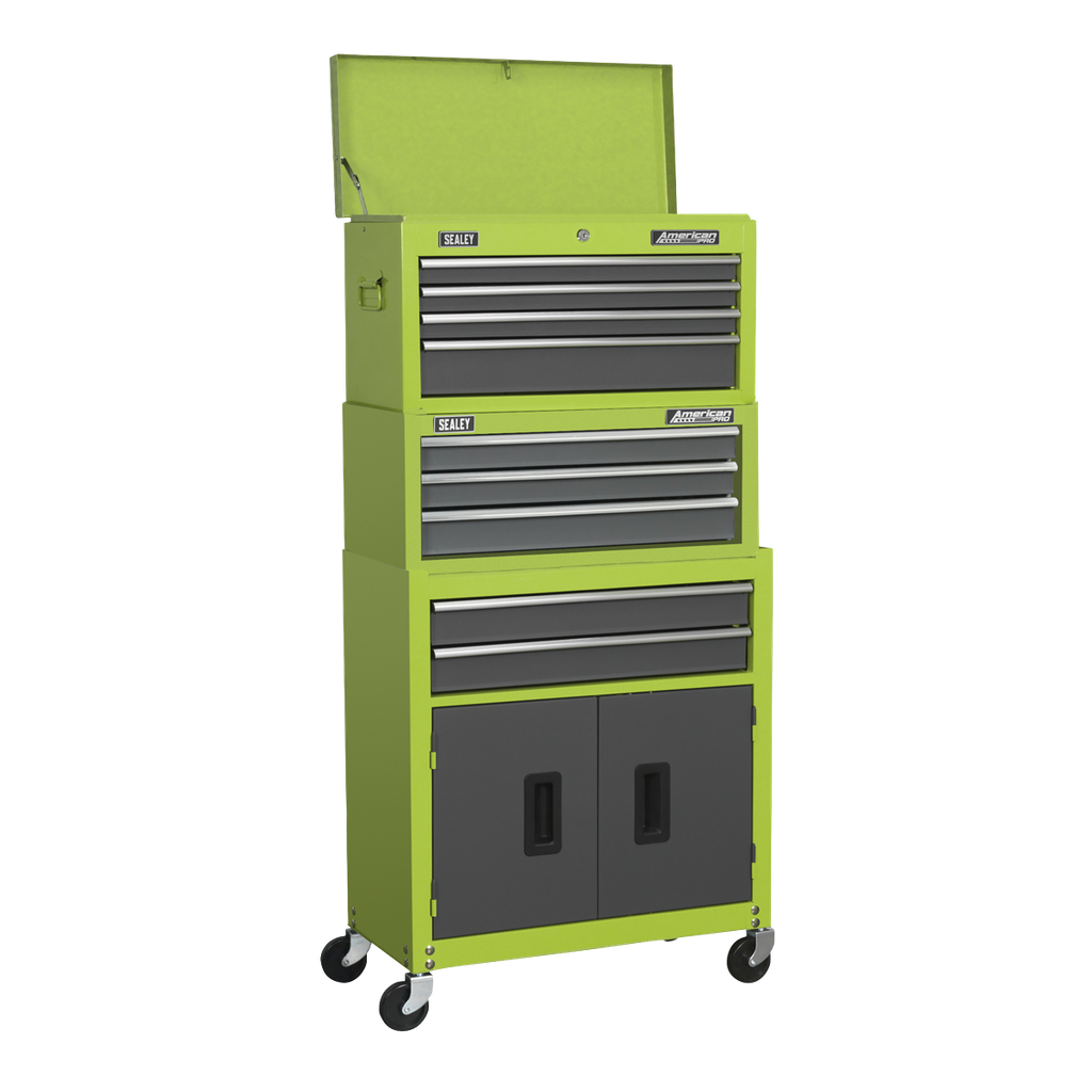 Sealey American PRO® Topchest, Mid-Box Tool Chest & Rollcab 9 Drawer Stack - Green