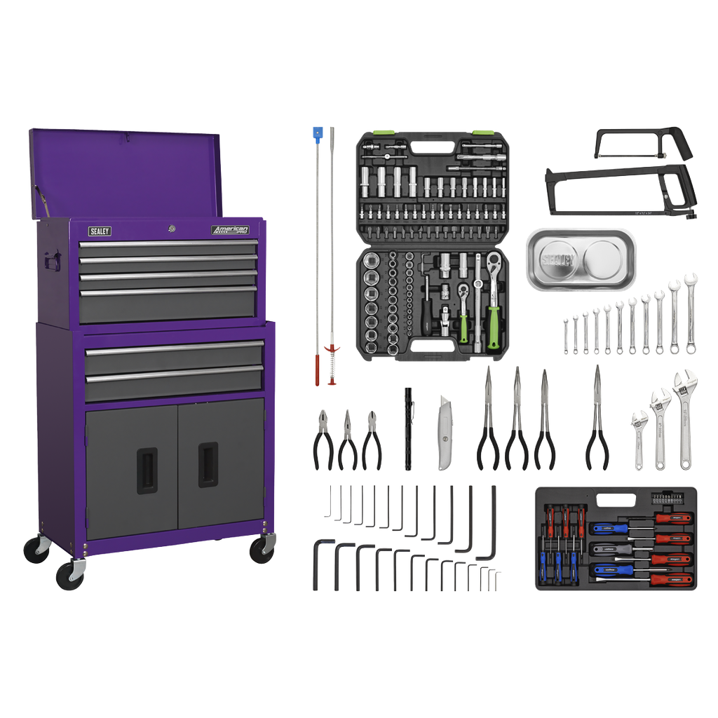 American PRO® Topchest & Rollcab Combination 6 Drawer with 170pc Tool Kit - Purple/Grey