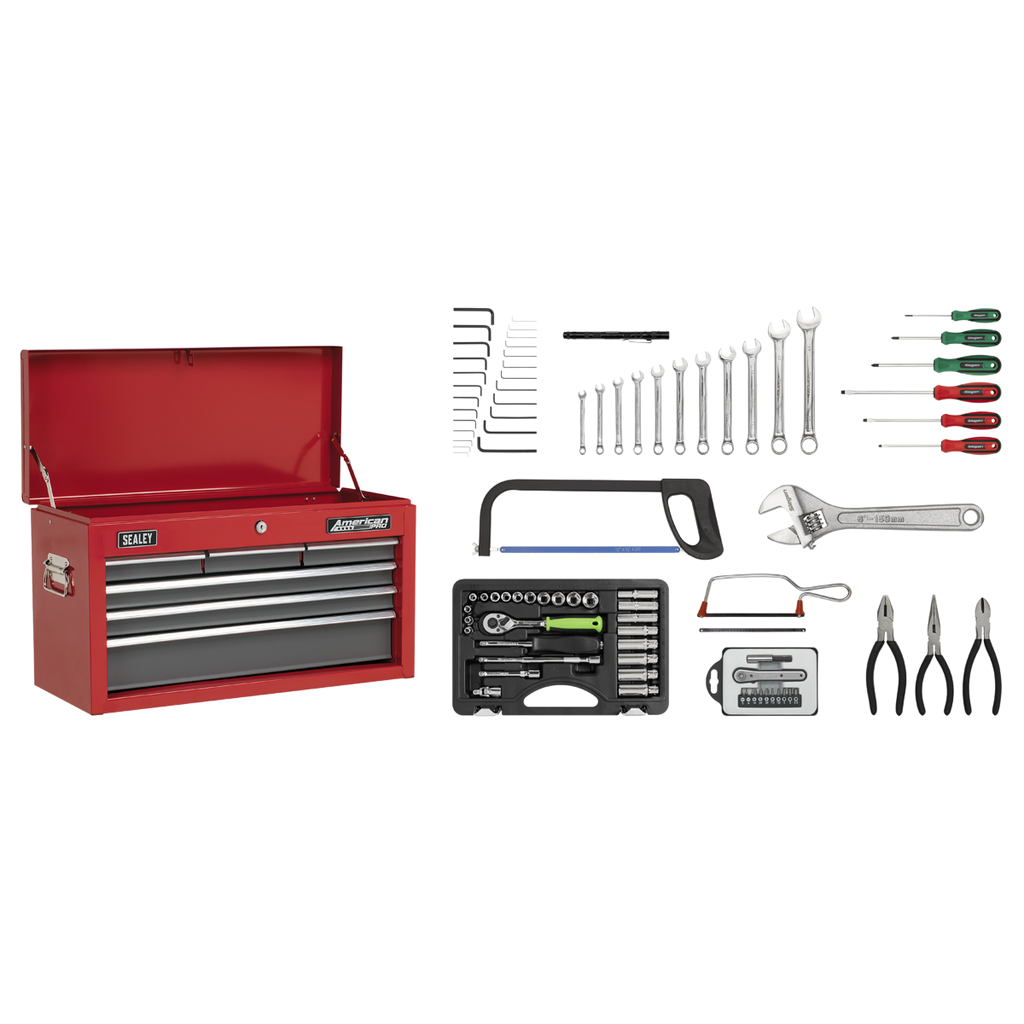 Sealey American PRO® Topchest 6 Drawer with 98pc Tool Kit - Red/