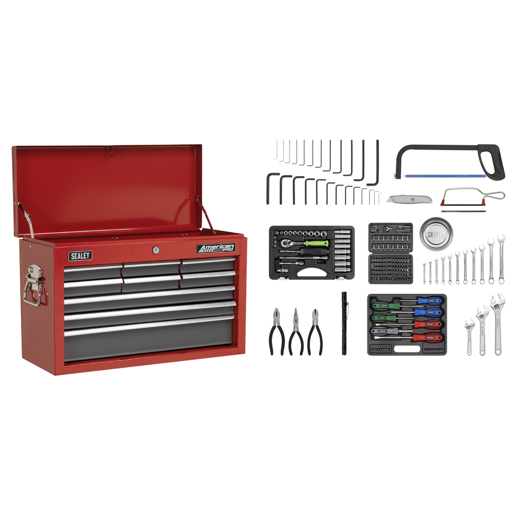 American PRO® Topchest 9 Drawer with 205pc Tool Kit - Red/Grey
