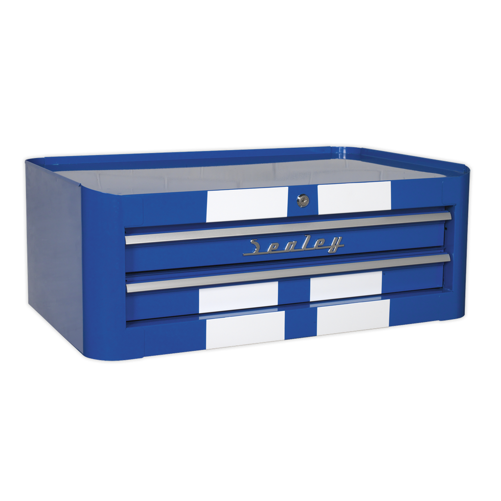 Premier™ Retro Style Mid-Box Tool Chest 2 Drawer - Blue with White Stripes