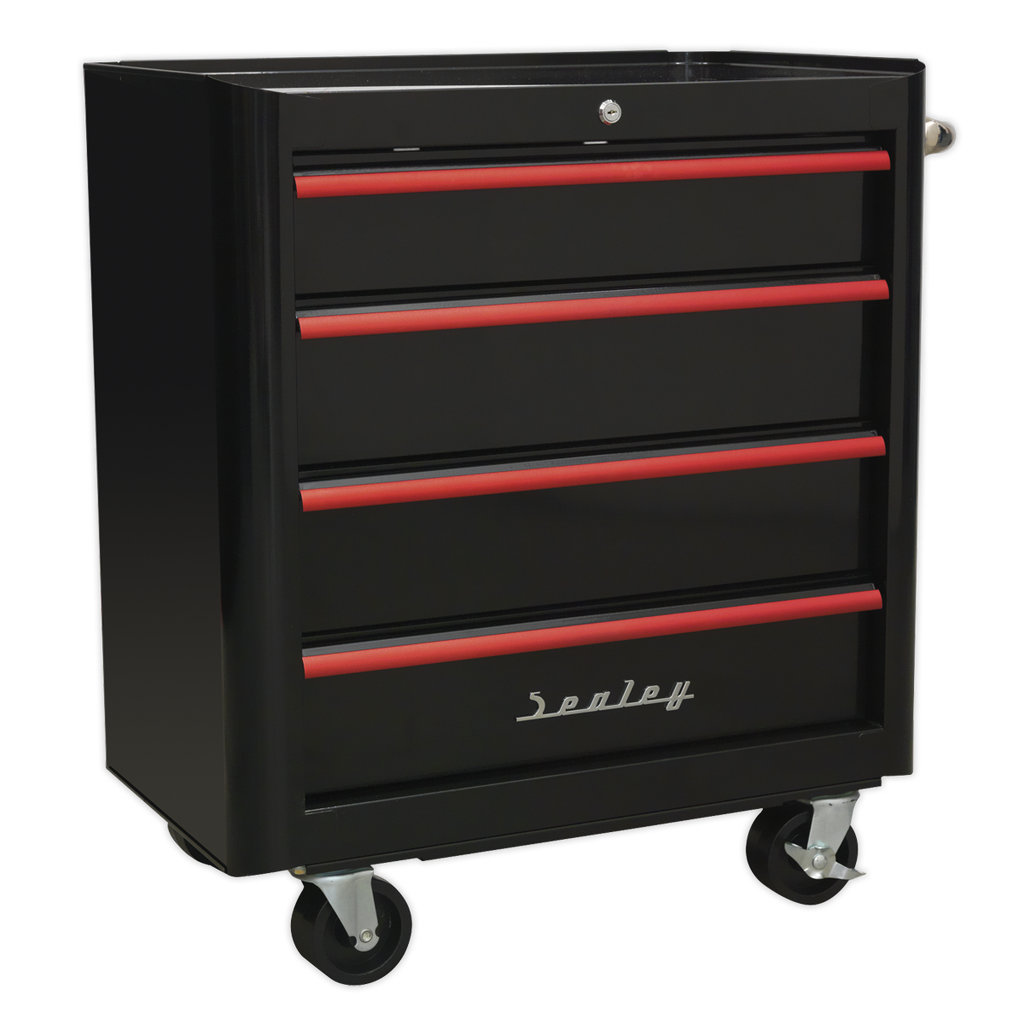 Premier™ Retro Style Rollcab 4 Drawer - Black with Red Anodised Drawer Pulls