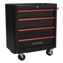 Premier™ Retro Style Rollcab 4 Drawer - Black with Red Anodised Drawer Pulls