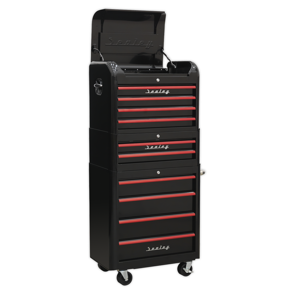 Premier™ Retro Style Topchest, Mid-Box Tool Chest & Rollcab Combination 10 Drawer - Black with Red Anodised Drawer Pulls