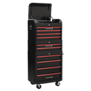 Premier™ Retro Style Topchest, Mid-Box Tool Chest & Rollcab Combination 10 Drawer - Black with Red Anodised Drawer Pulls