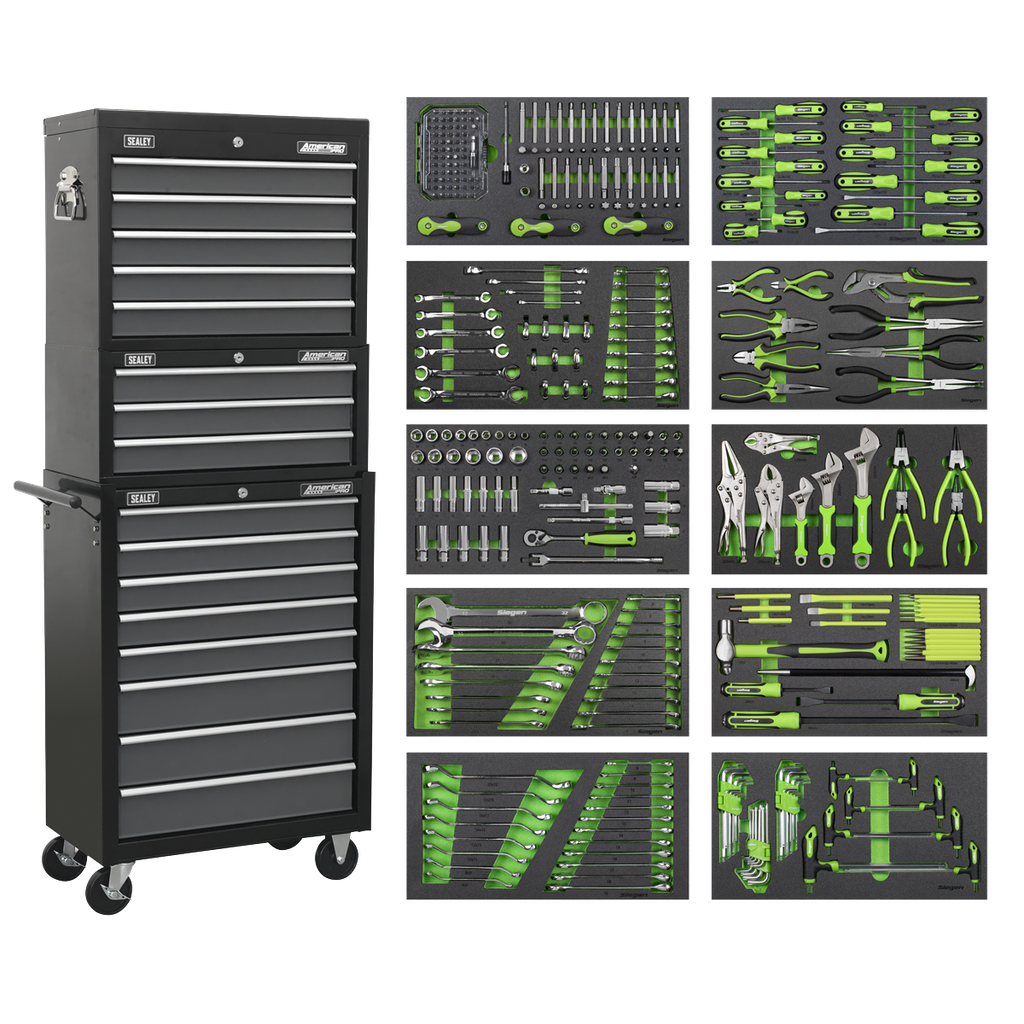 Sealey Tool Chest Combination 16 Drawer with Ball-Bearing Slides - Black/Grey & 398pc Tool Kit