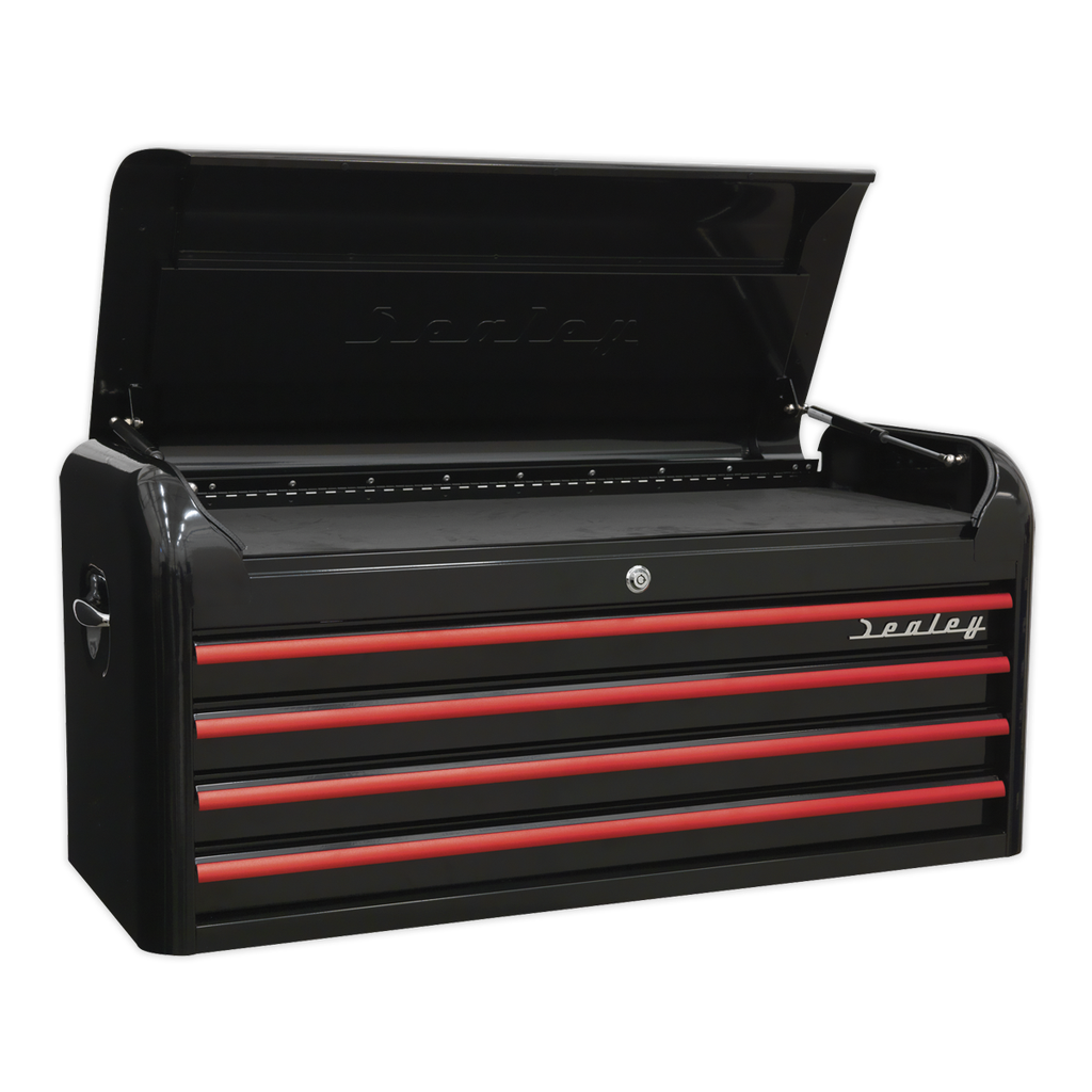 Premier™ Retro Style Wide Topchest 4 Drawer - Black with Red Anodised Drawer Pulls