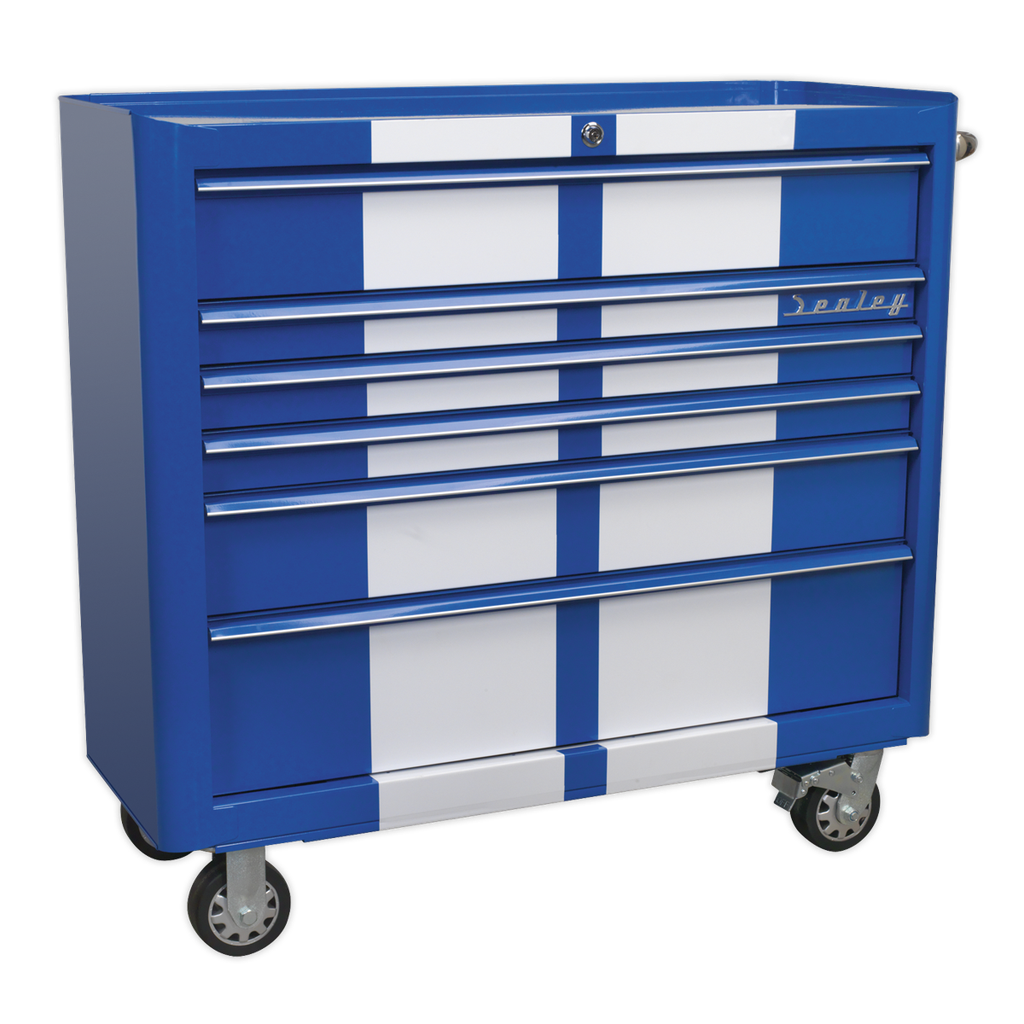 Premier™ Retro Style Wide Rollcab 6 Drawer - Blue with White Stripes