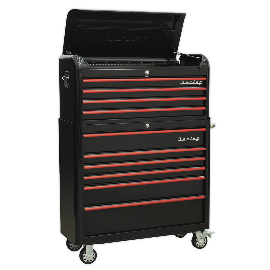 Premier™ Retro Style Wide Topchest & Rollcab Combination 10 Drawer - Black with Red Anodised Drawer Pulls