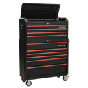 Premier™ Retro Style Wide Topchest & Rollcab Combination 10 Drawer - Black with Red Anodised Drawer Pulls