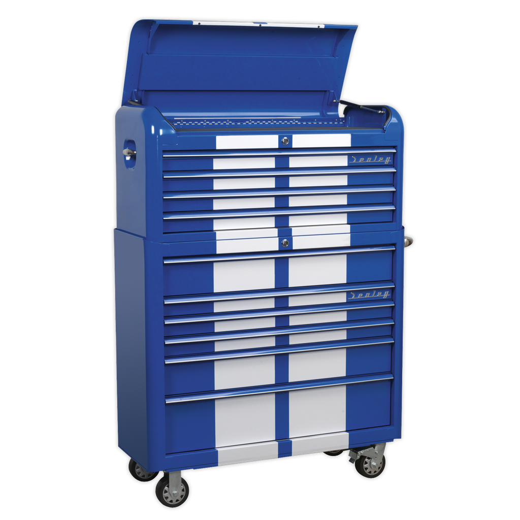 Premier™ Retro Style Wide Topchest & Rollcab Combination 10 Drawer Blue with White Stripes