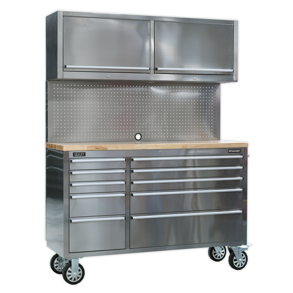 Premier™ Mobile Stainless Steel Tool Cabinet 10 Drawer with Backboard & 2 Wall Cupboards