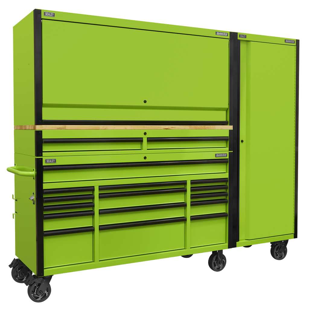 Superline PRO® Black Edition Mobile Trolley with Wooden Worktop, Hutch, 2 Drawer Riser & Side Locker 15 Drawer 1549mm