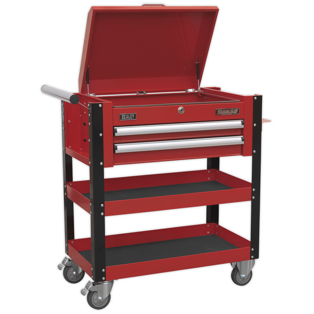Superline PRO® Heavy-Duty Mobile Tool & Parts Trolley with Lockable Top & 2 Drawers - Red