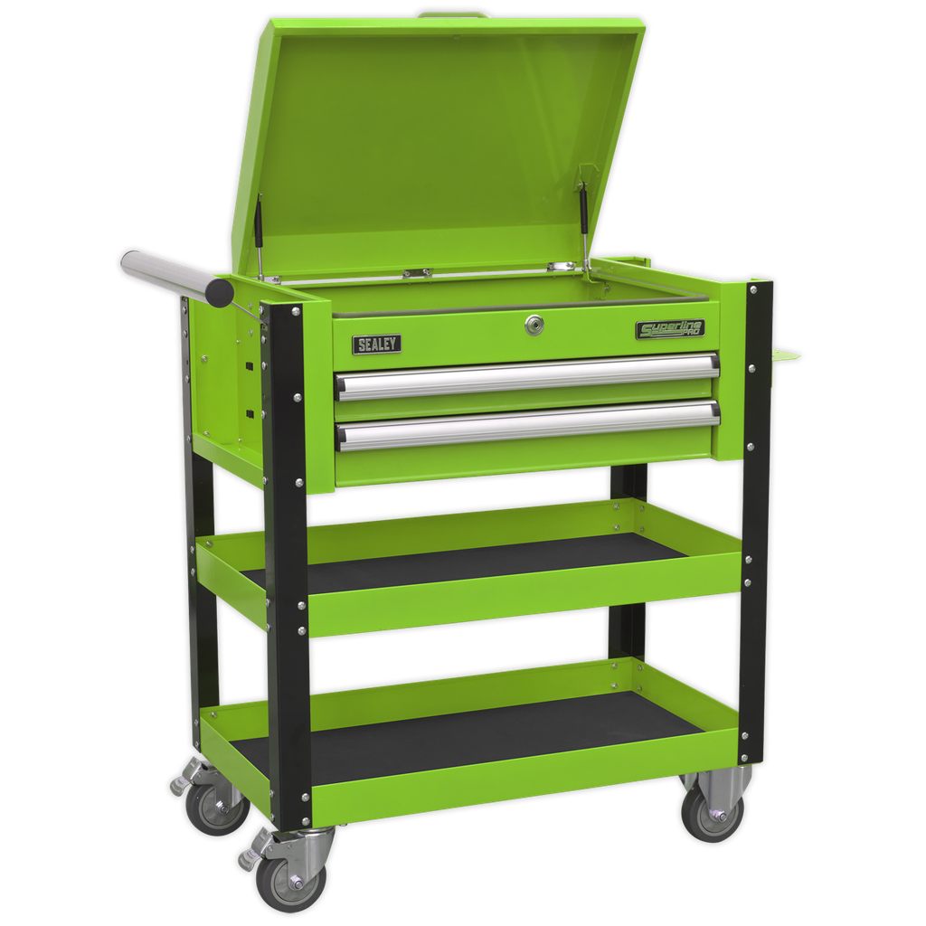 Superline PRO® Heavy-Duty Mobile Tool & Parts Trolley with Lockable Top & 2 Drawers - Green