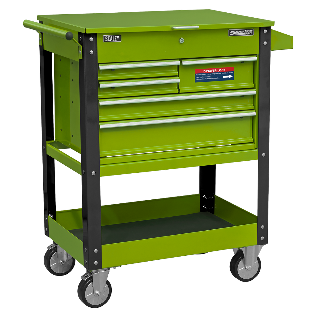 Superline PRO® Heavy-Duty Mobile Tool & Parts Trolley with 5 Drawers and Lockable Top - Hi-Vis Green