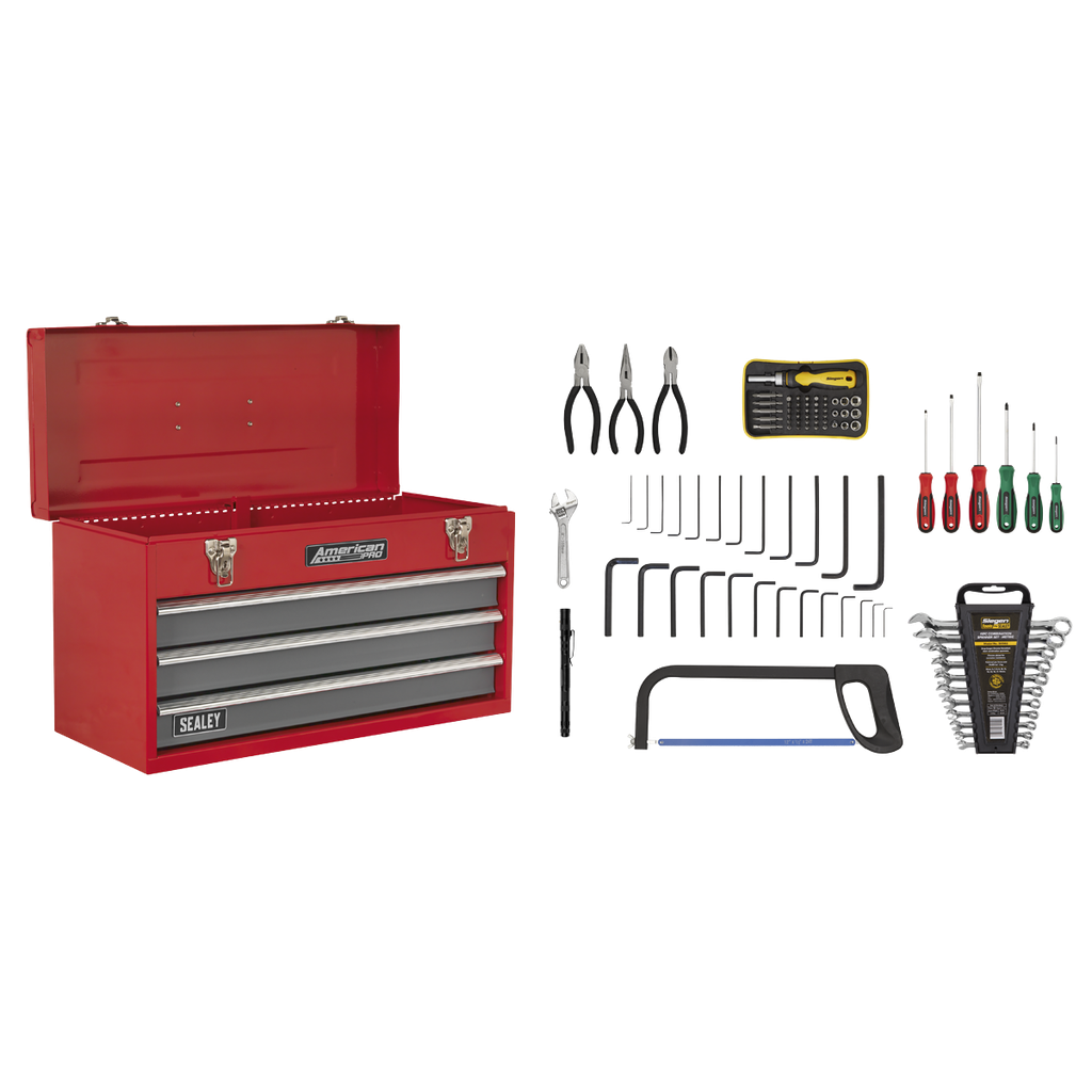 American PRO® Tool Chest 3 Drawer with 93pc Tool Kit - Red/Grey