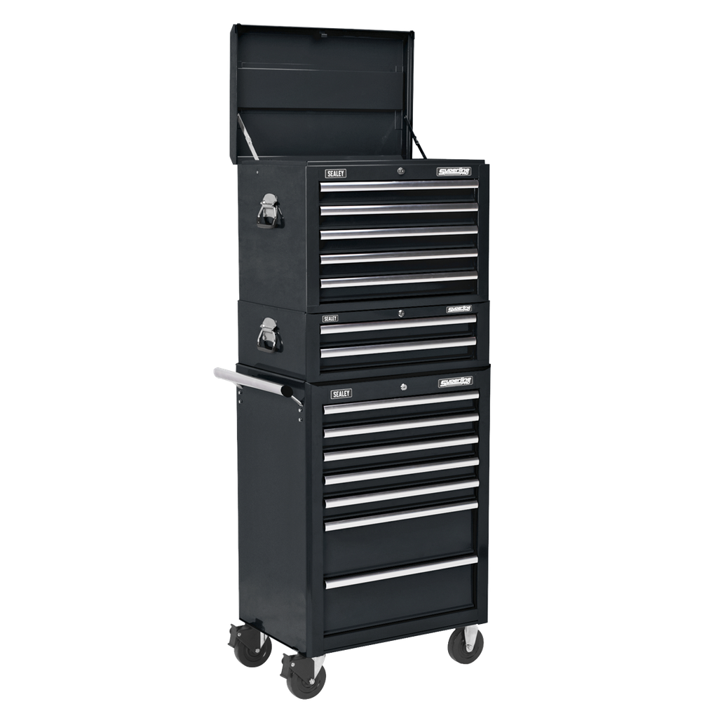 Sealey Superline PRO® Topchest, Mid-Box Tool Chest & Rollcab Combination 14 Drawer - Black