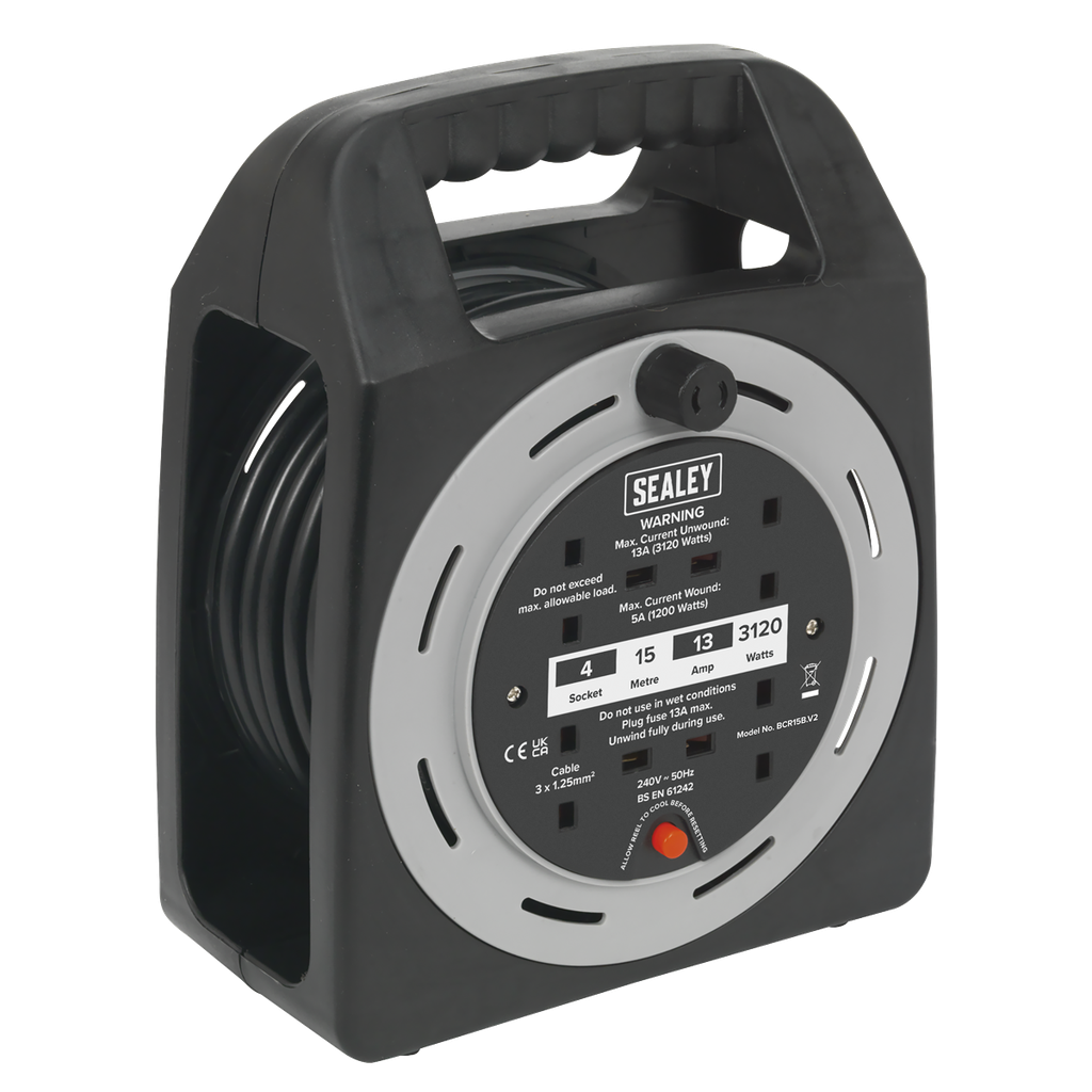 Sealey 15m Box Type Cable Reel with Thermal Trip 4 x 230V