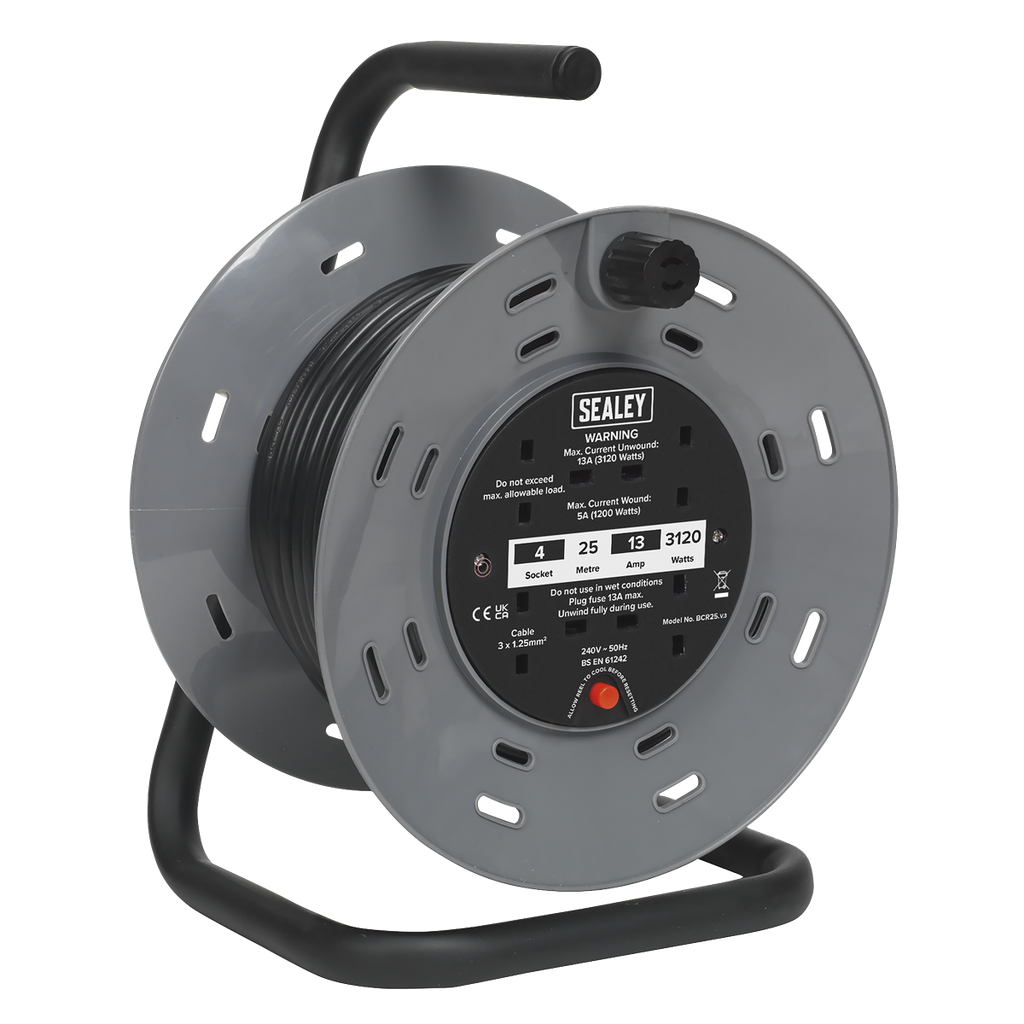 Sealey 25m Cable Reel with Thermal Trip 4 x 230V