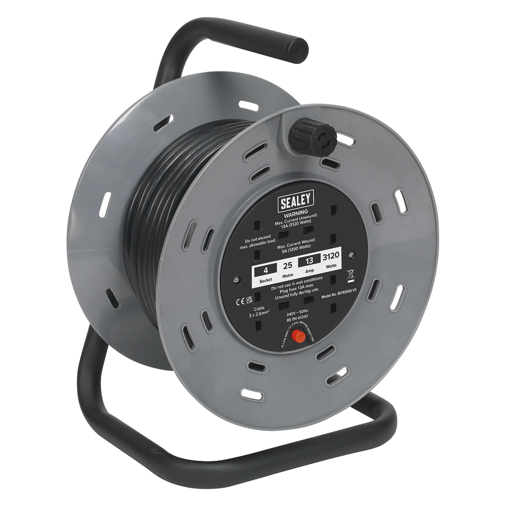 Sealey 25m Cable Reel with Thermal Trip 4 x 230V